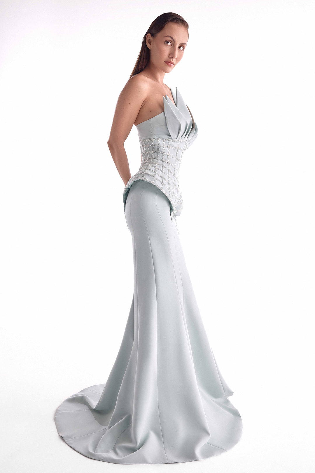 Strapless Gown with Sculpted Bodice and Embroidered Peplum