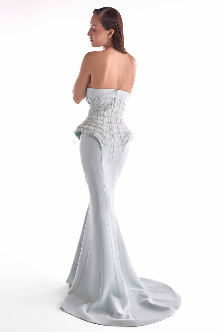 Strapless Gown with Sculpted Bodice and Embroidered Peplum