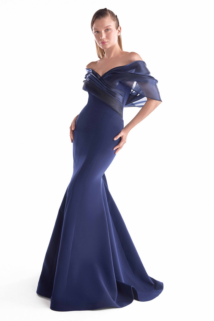 Off-Shoulder Mermaid Dress with Liquid Organza Draping Navy / US 18