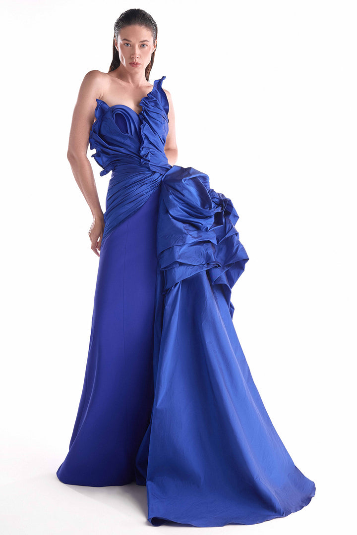 One-Shoulder Dress with Ruched Bodice and Taffeta Cascade