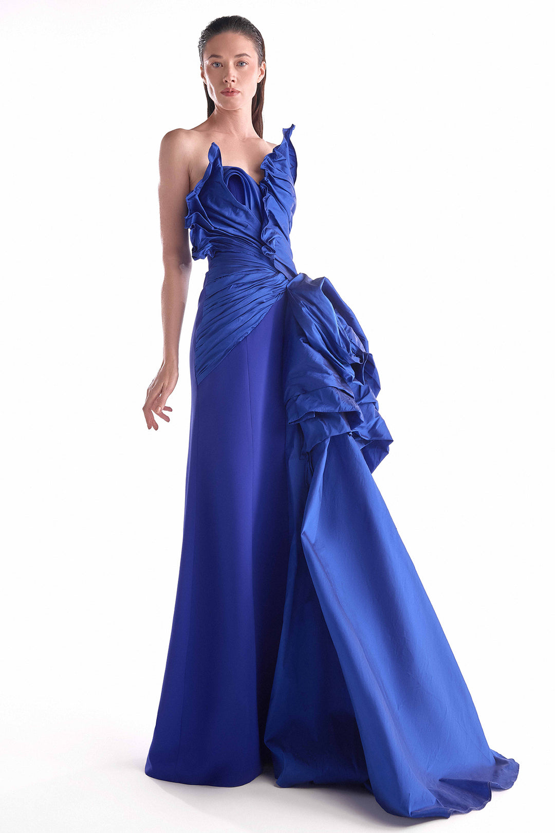 One-Shoulder Dress with Ruched Bodice and Taffeta Cascade