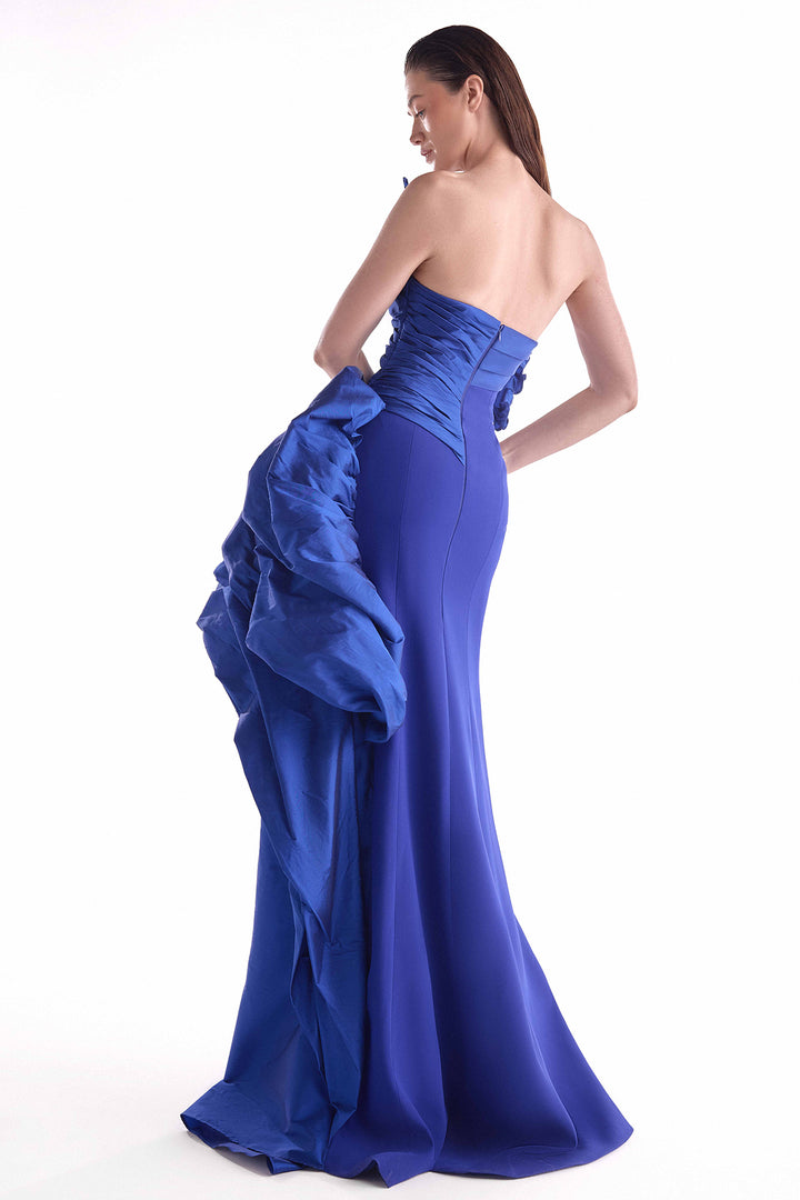 One-Shoulder Dress with Ruched Bodice and Taffeta Cascade
