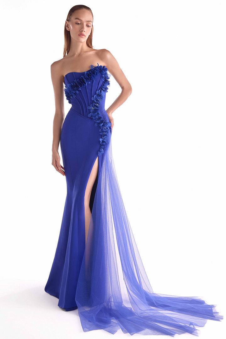 Corset Dress with Floral Appliqués and Tulle Train