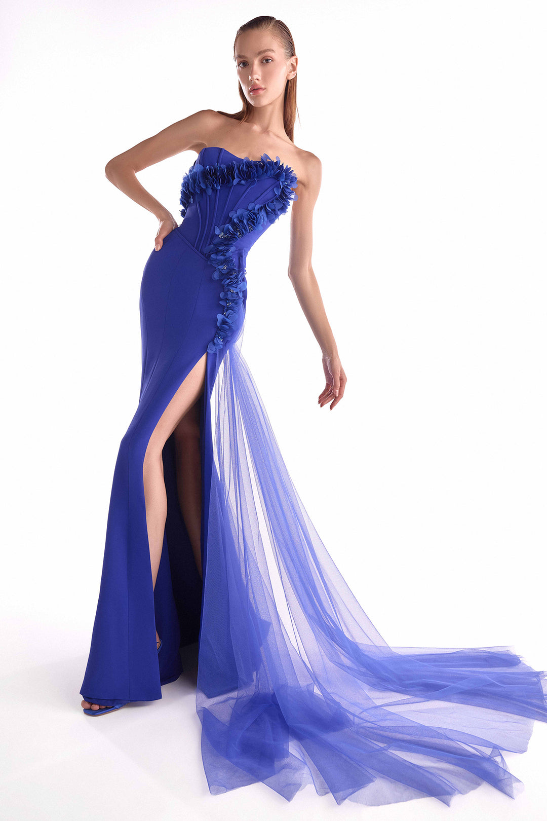 Corset Dress with Floral Appliqus and Tulle Train M.R DESIGN Corset Dress with Floral Appliqus and Tulle Train M.R DESIGN