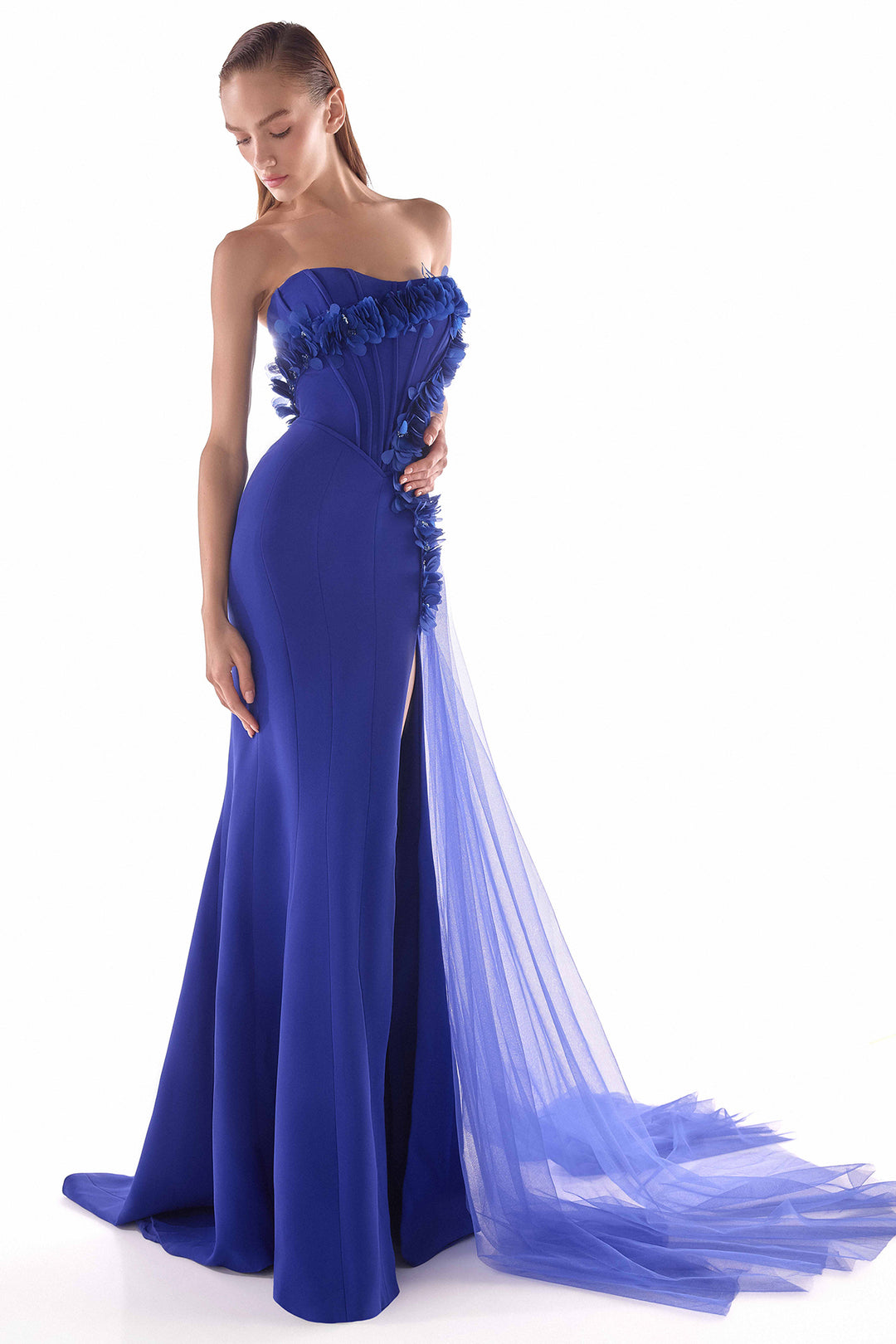 Corset Dress with Floral Appliqués and Tulle Train