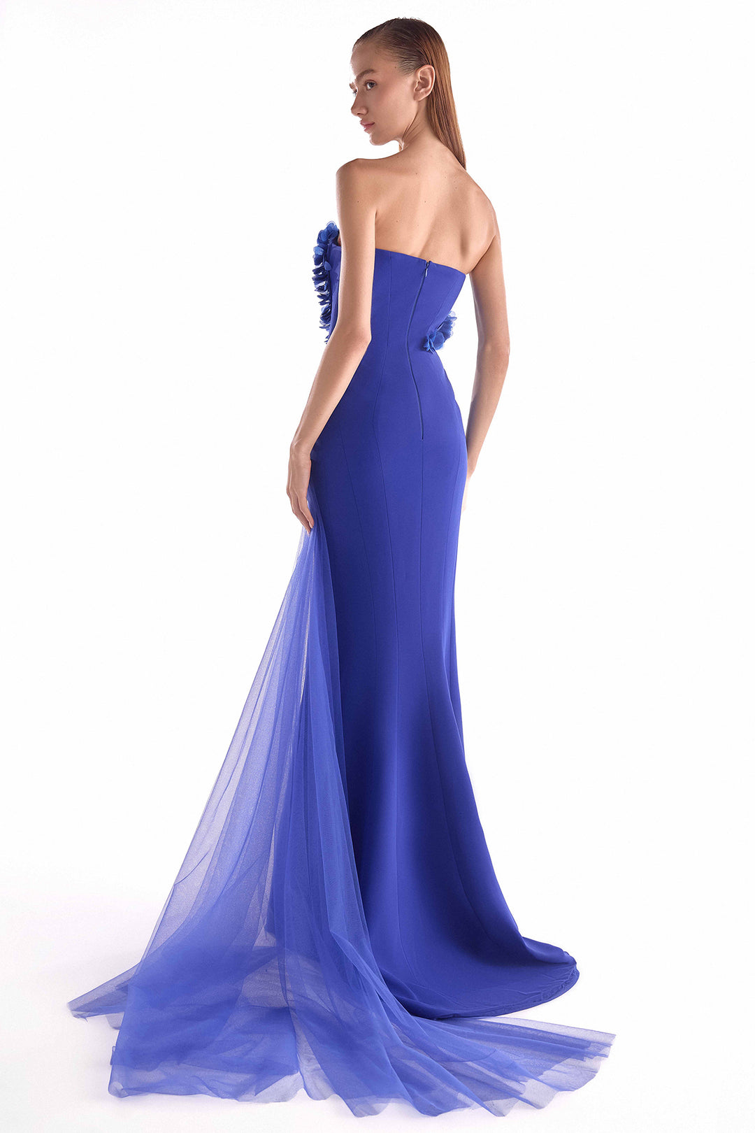 Corset Dress with Floral Appliqués and Tulle Train