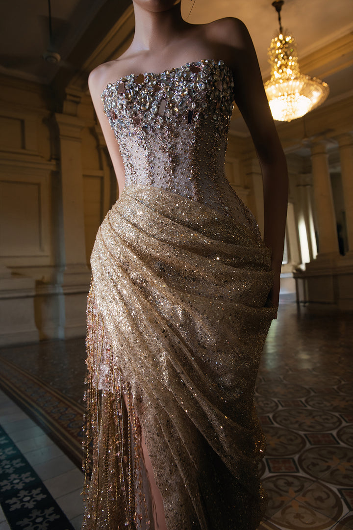 Beaded Crystal Dress with Train