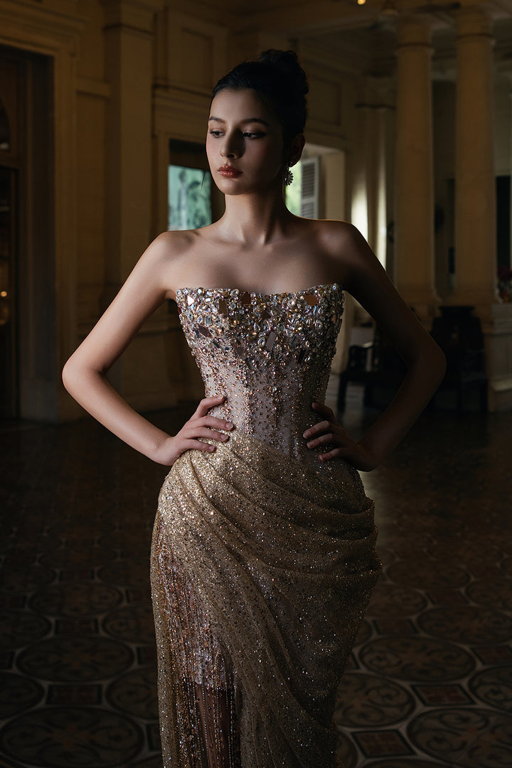 Beaded Crystal Dress with Train