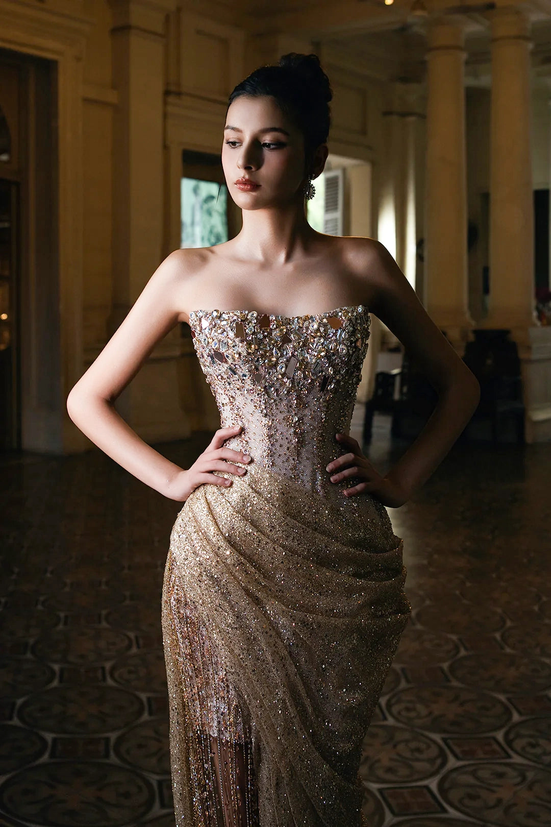 Beaded Crystal Dress with Train