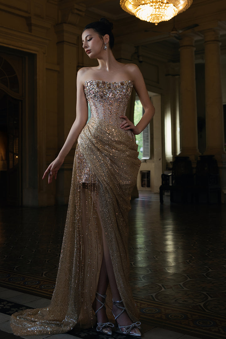 Beaded Crystal Dress with Train