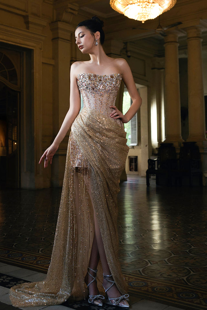 Beaded Crystal Dress with Train