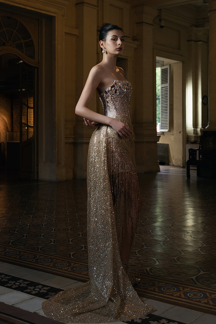 Beaded Crystal Dress with Train