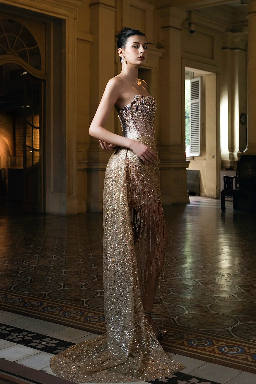 Beaded Crystal Dress with Train
