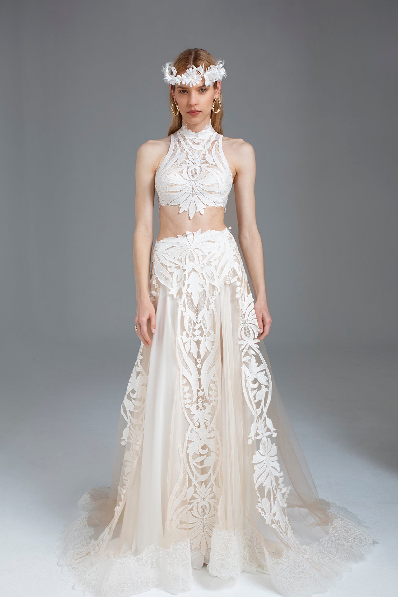 Two-Piece Wedding Set with Racerback Crop Top and Wide Long Skirt