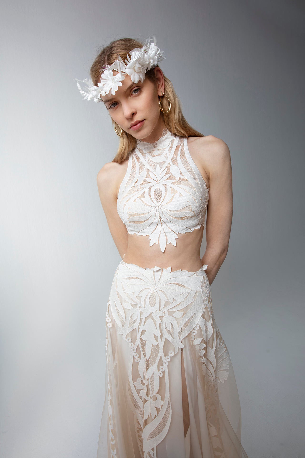 Two-Piece Wedding Set with Racerback Crop Top and Wide Long Skirt