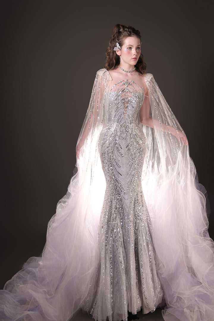 Mermaid Dress with Beaded Bodice and Cape