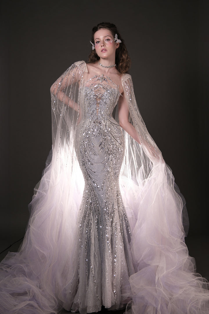 Mermaid Dress with Beaded Bodice and Cape