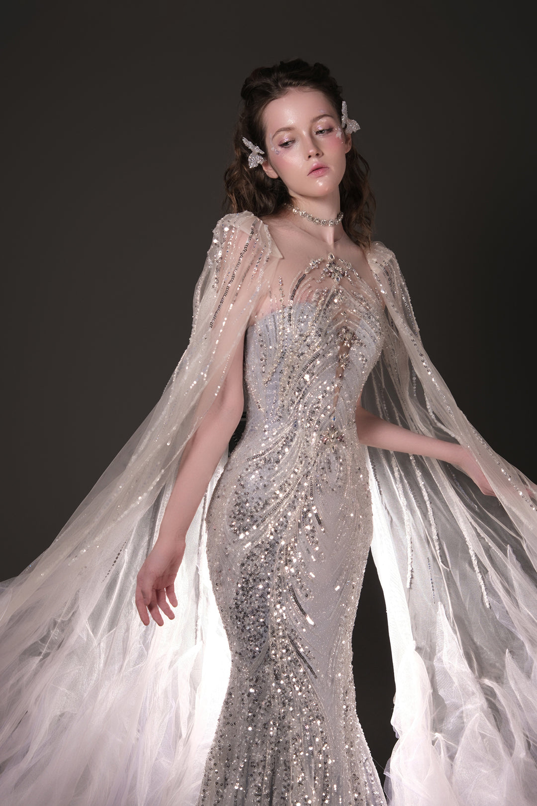 Mermaid Dress with Beaded Bodice and Cape