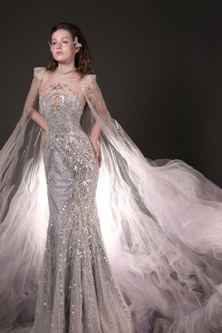 Mermaid Dress with Beaded Bodice and Cape