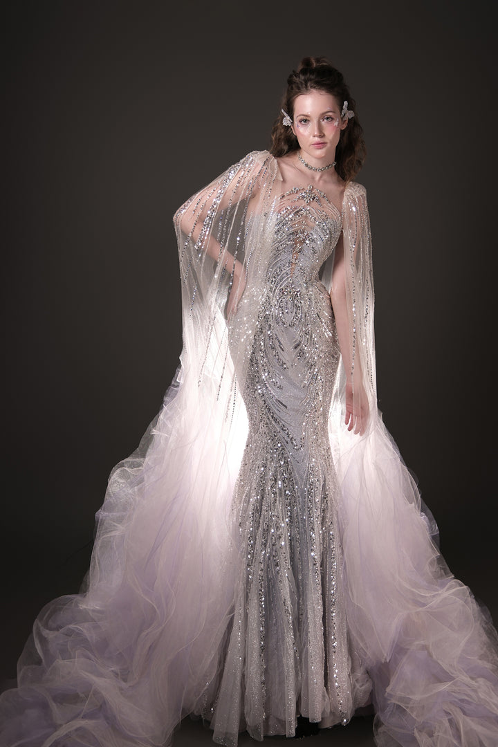 Mermaid Dress with Beaded Bodice and Cape