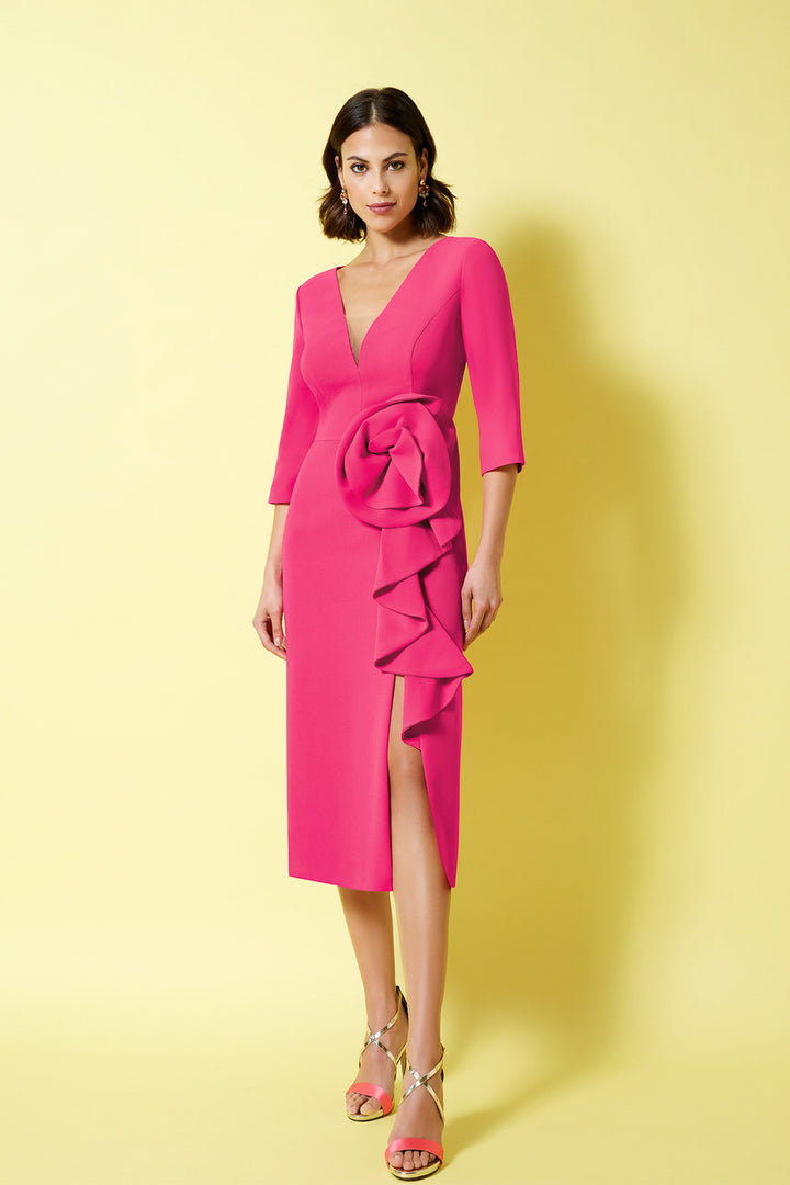 Crepe Midi Dress with Cascading Flower