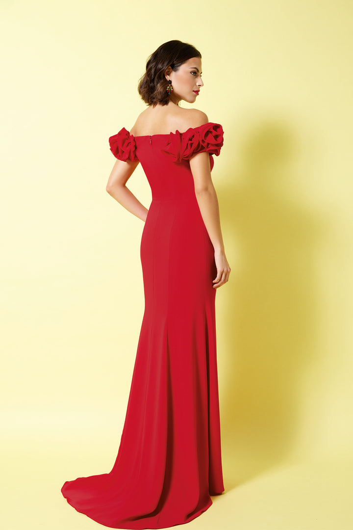 Mermaid Crepe Dress with Floral Sleeves