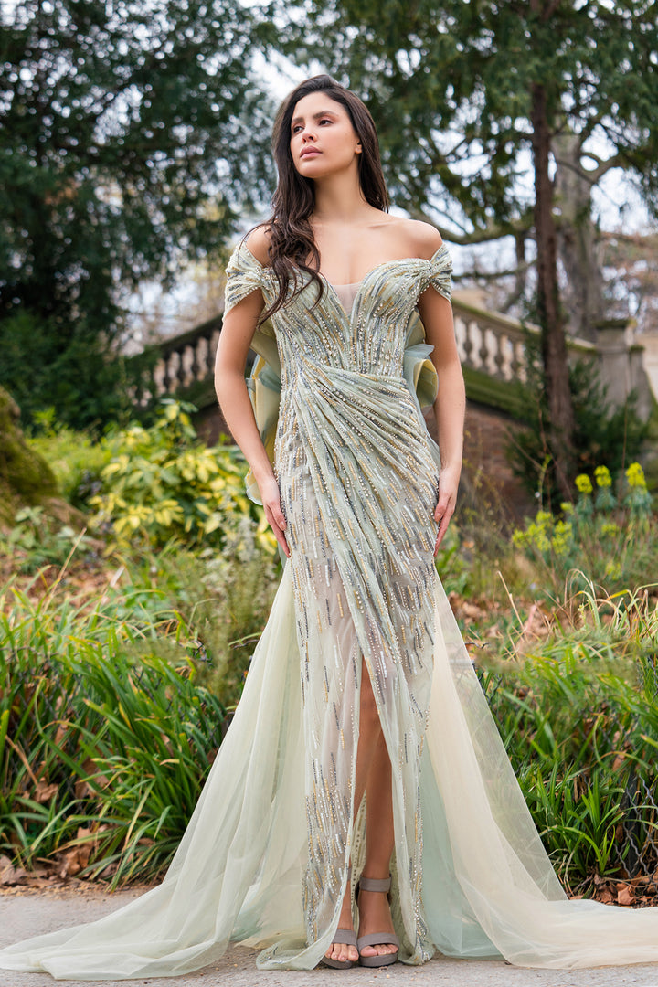 Flawless Off-Shoulder Draped Pistachio Tulle Evening Dress