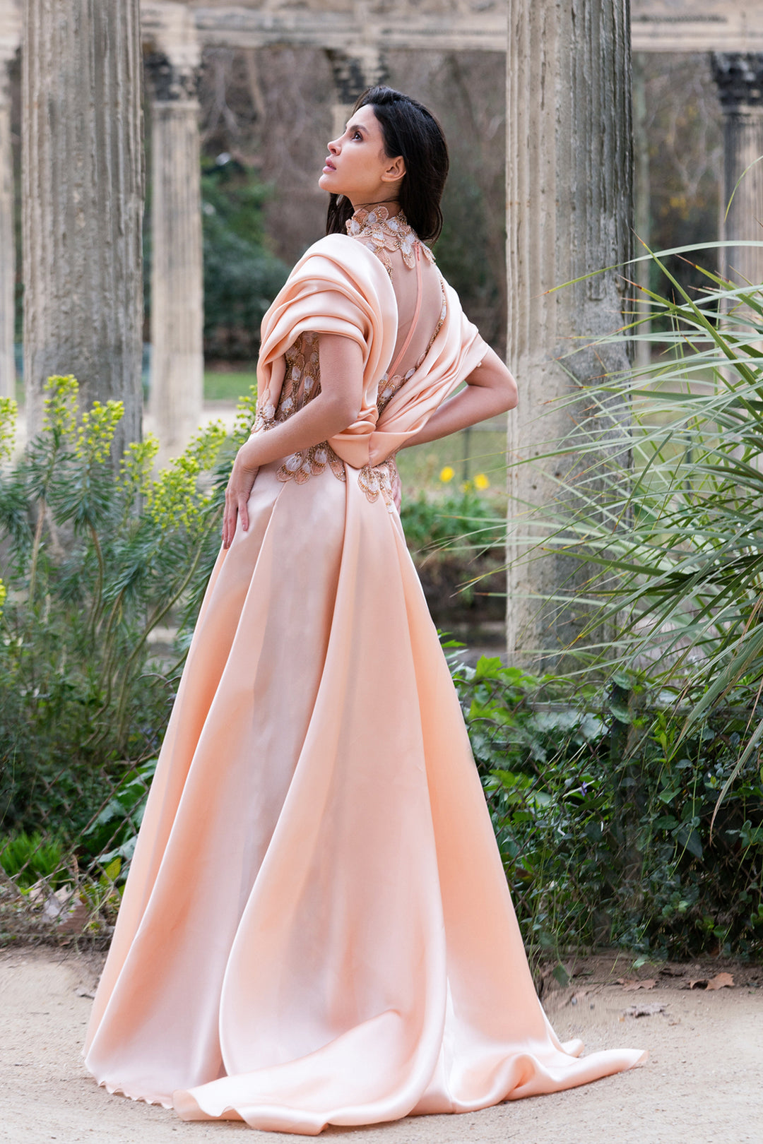 Peach Evening Dress with Embroidered Floral Motifs