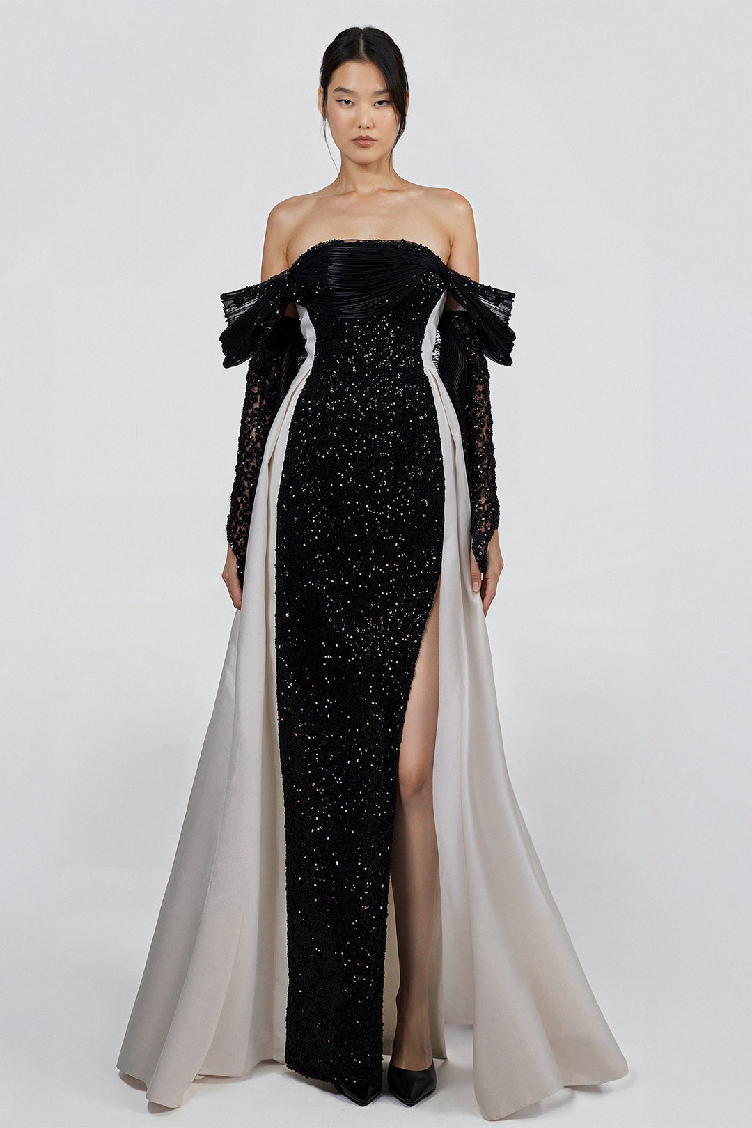 Off-Shoulder Dress with Sequined Center Column and Structured Pleated M.R DESIGN Off-Shoulder Dress with Sequined Center Column and Structured Pleated M.R DESIGN