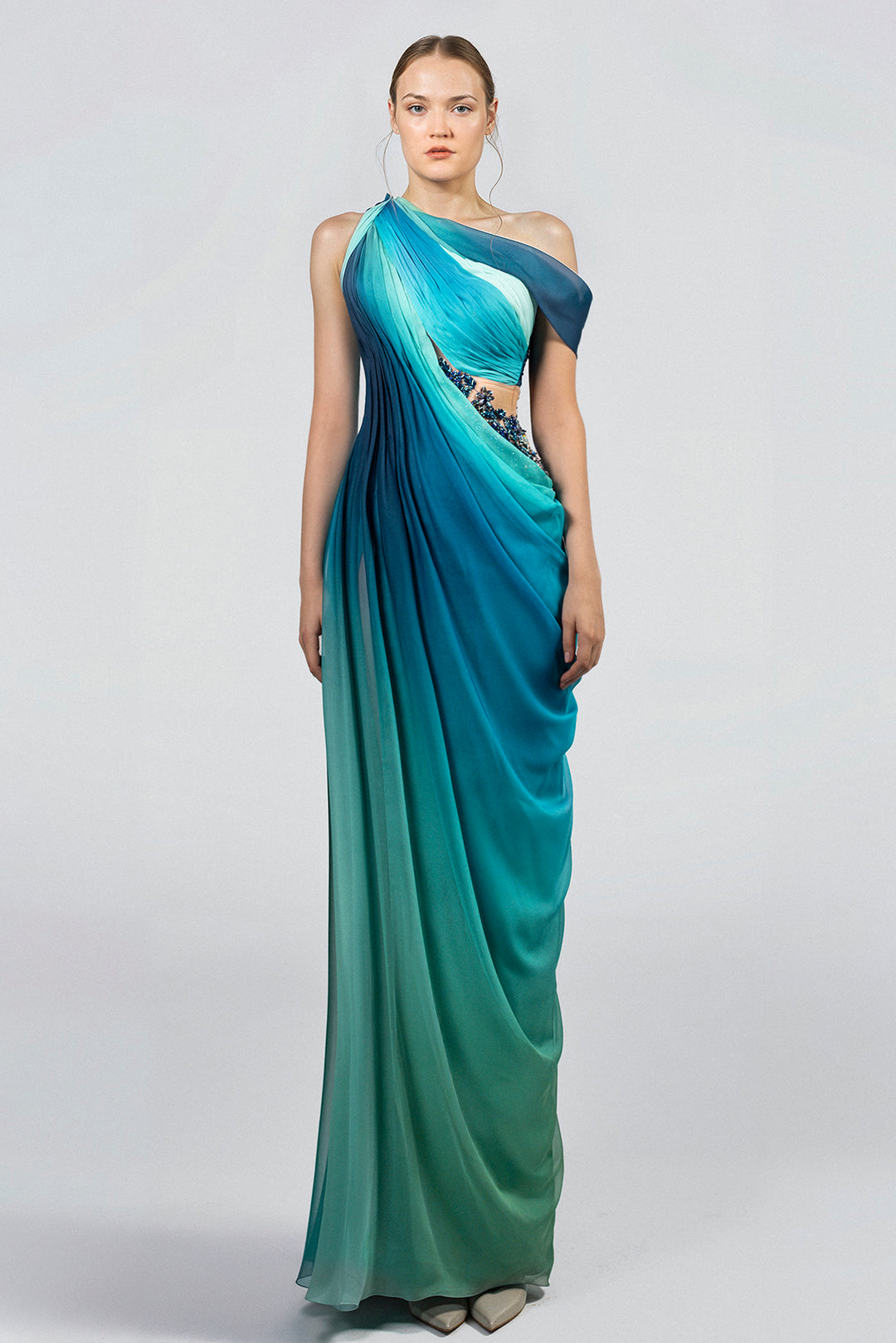 pleated one shoulder cut out dress Warehouse Women's Chiffon Pleated One Shoulder Cut Out Midi Dress in Animal