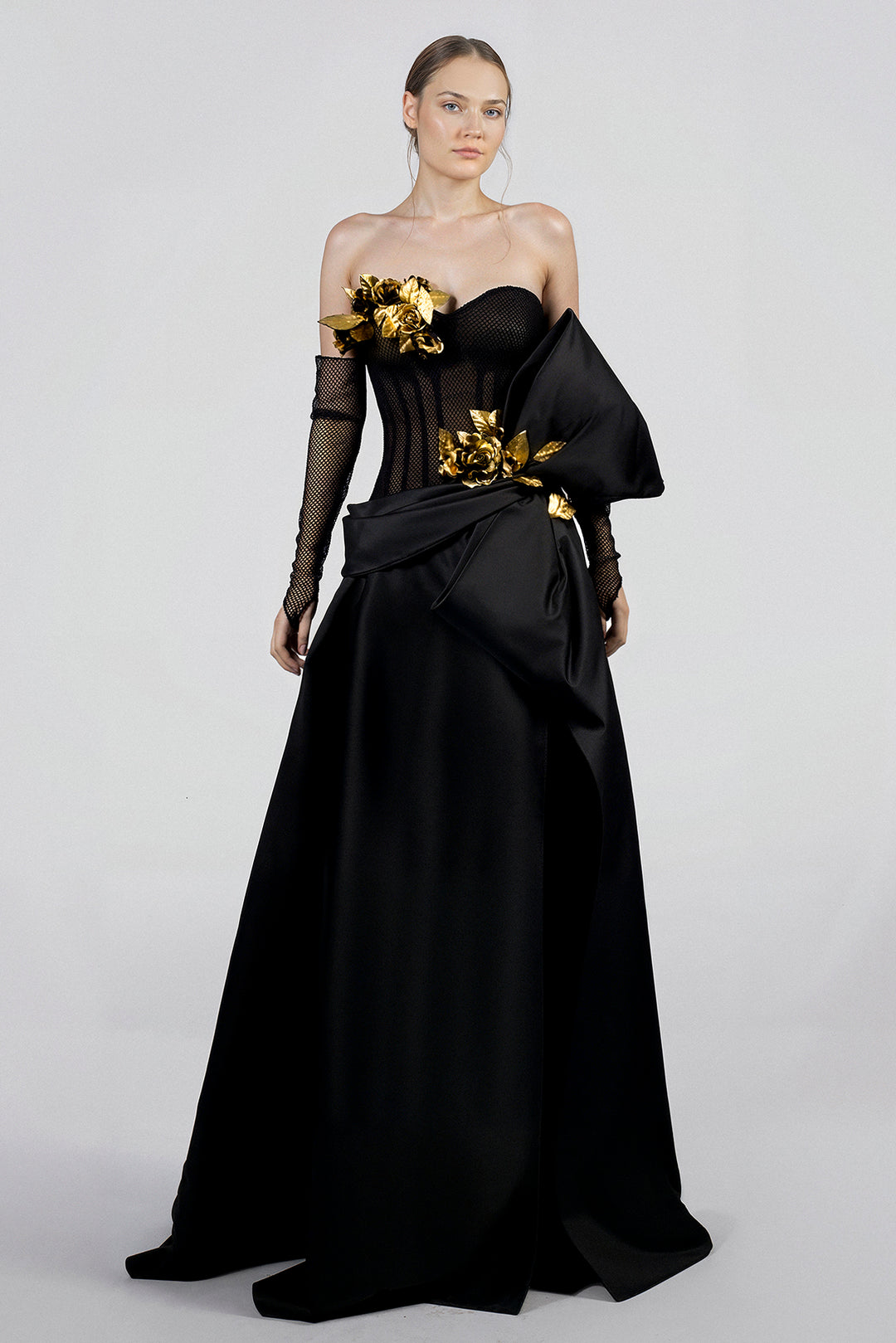 Strapless Dress with Structured Skirt and Floral Embellishments M.R DESIGN Strapless Dress with Structured Skirt and Floral Embellishments M.R DESIGN