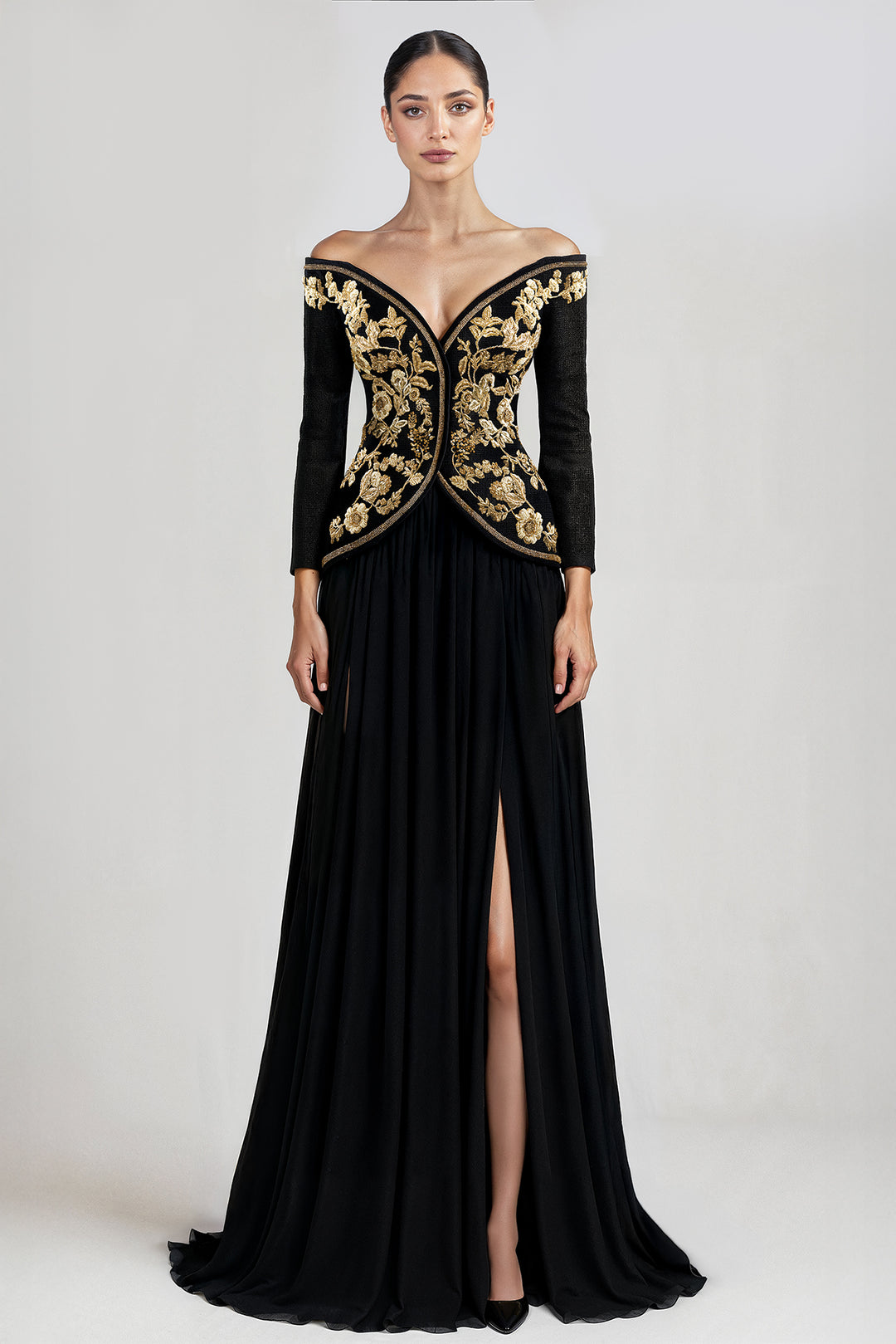 Off-The-Shoulder Embroidered Dress Black & Gold / FR 46 Off-The-Shoulder Embroidered Dress Black & Gold / FR 46