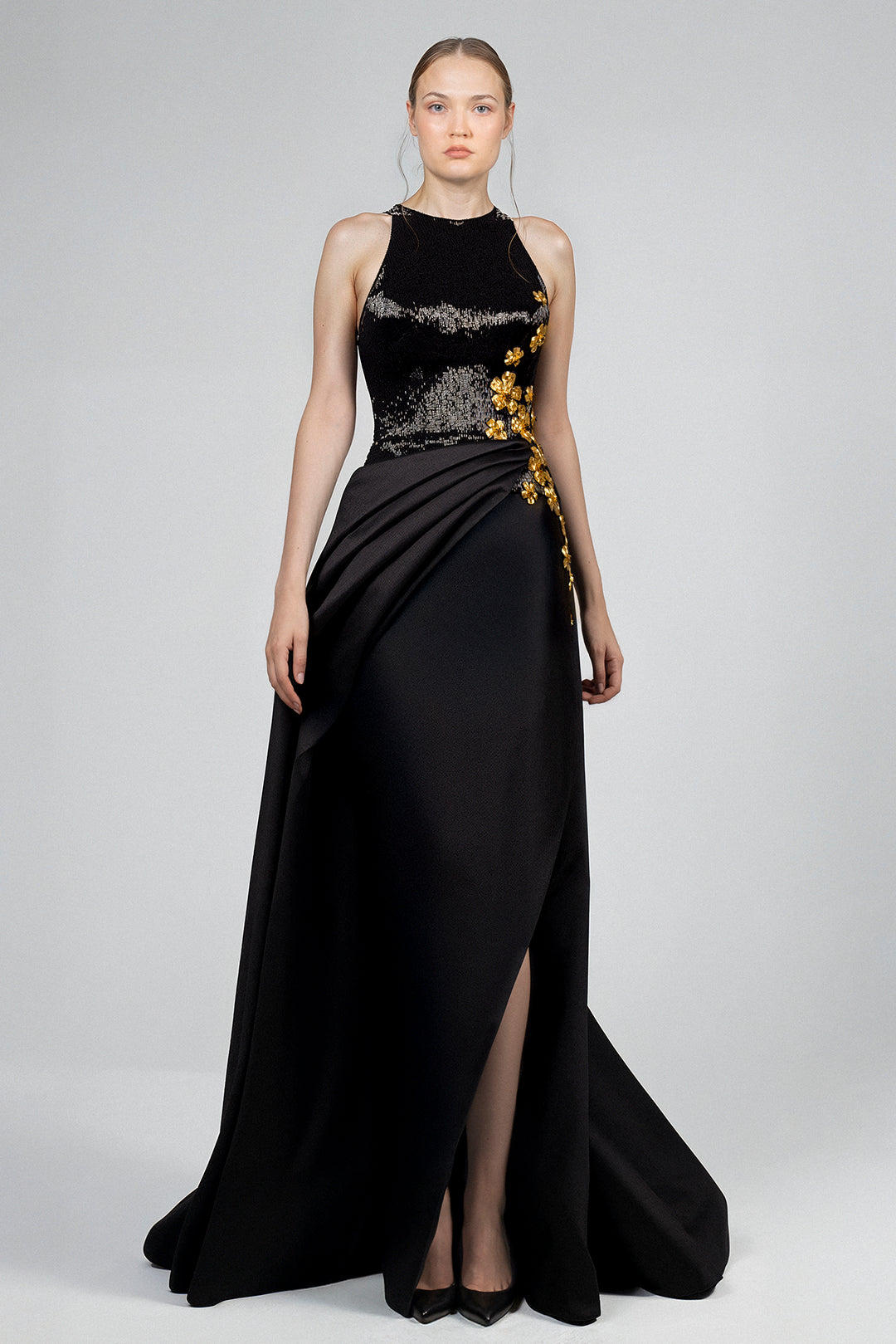 Floor-Length Evening Dress with Floral Embellishments, Side Gathering M.R DESIGN Floor-Length Evening Dress with Floral Embellishments, Side Gathering M.R DESIGN
