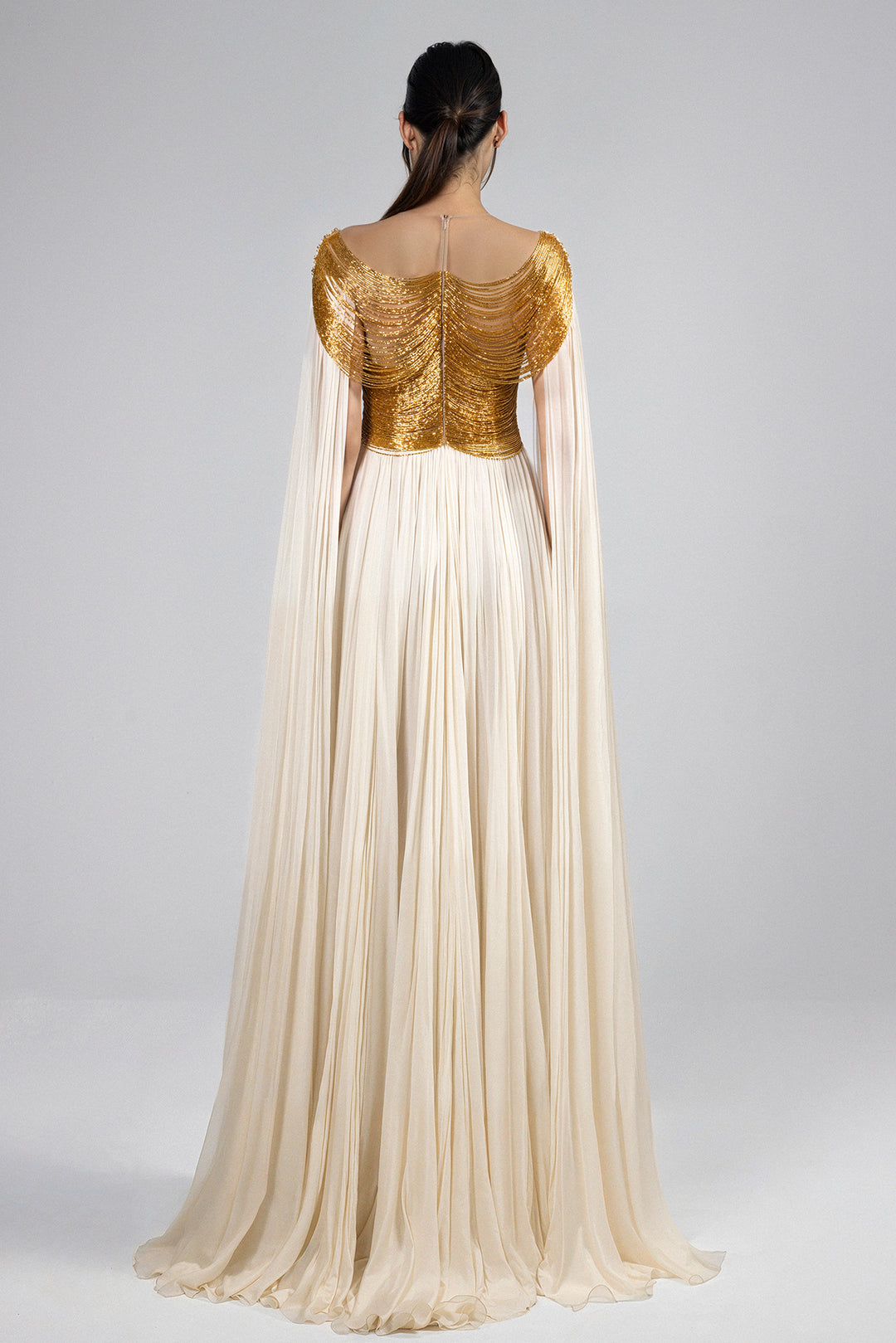 Structured Bodice Dress with Pleated Skirt and Shoulder Extensions Ivory & Gold / FR 32 Structured Bodice Dress with Pleated Skirt and Shoulder Extensions Ivory & Gold / FR 32