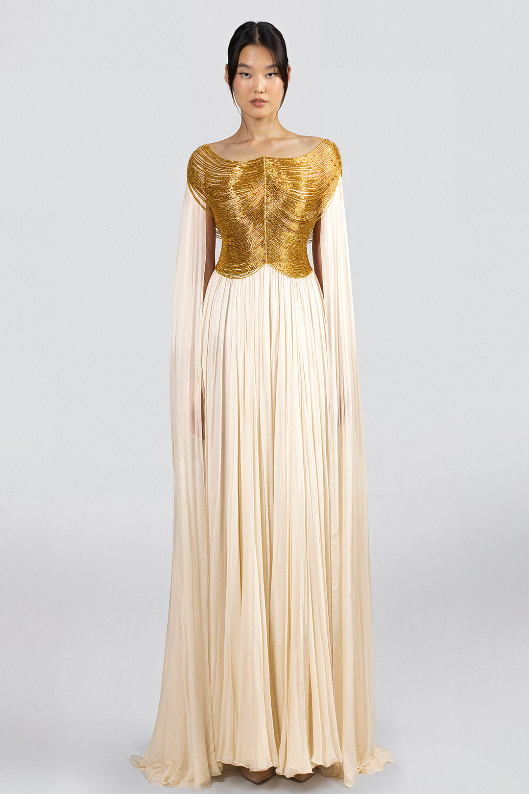 Structured Bodice Dress with Pleated Skirt and Shoulder Extensions Structured Bodice Dress with Pleated Skirt and Shoulder Extensions