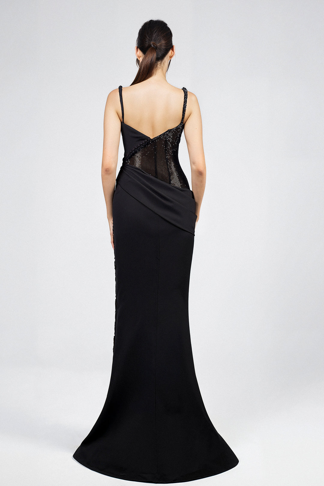 Floor-Length Dress with High Slit, Asymmetric Draped Bodice and One-Shoulder Beaded Embellishment Black / FR 52 Floor-Length Dress with High Slit, Asymmetric Draped Bodice and One-Shoulder Beaded Embellishment Black / FR 52