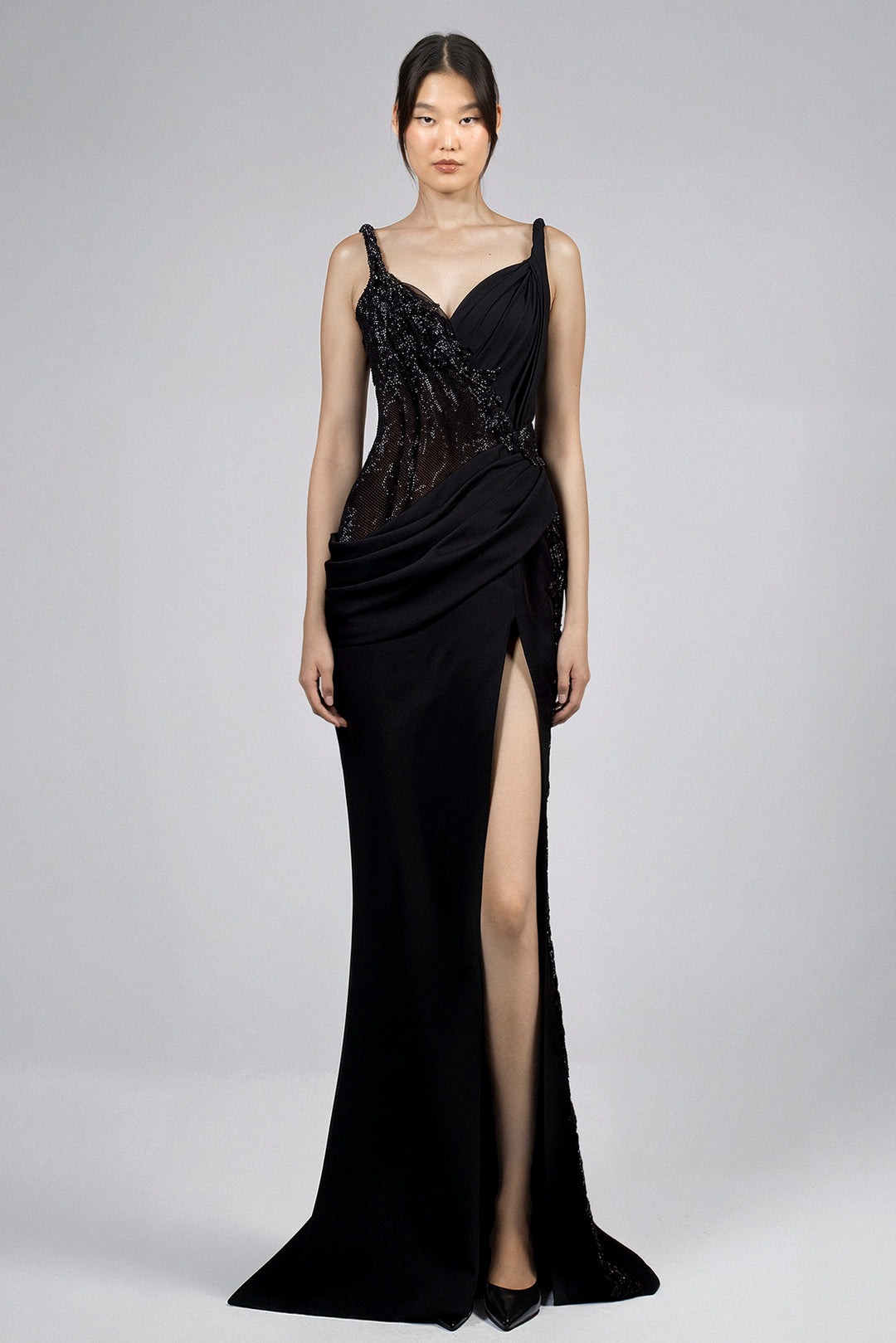Floor-Length Dress with High Slit, Asymmetric Draped Bodice and One-Shoulder Beaded Embellishment Black / FR 34 Floor-Length Dress with High Slit, Asymmetric Draped Bodice and One-Shoulder Beaded Embellishment Black / FR 34