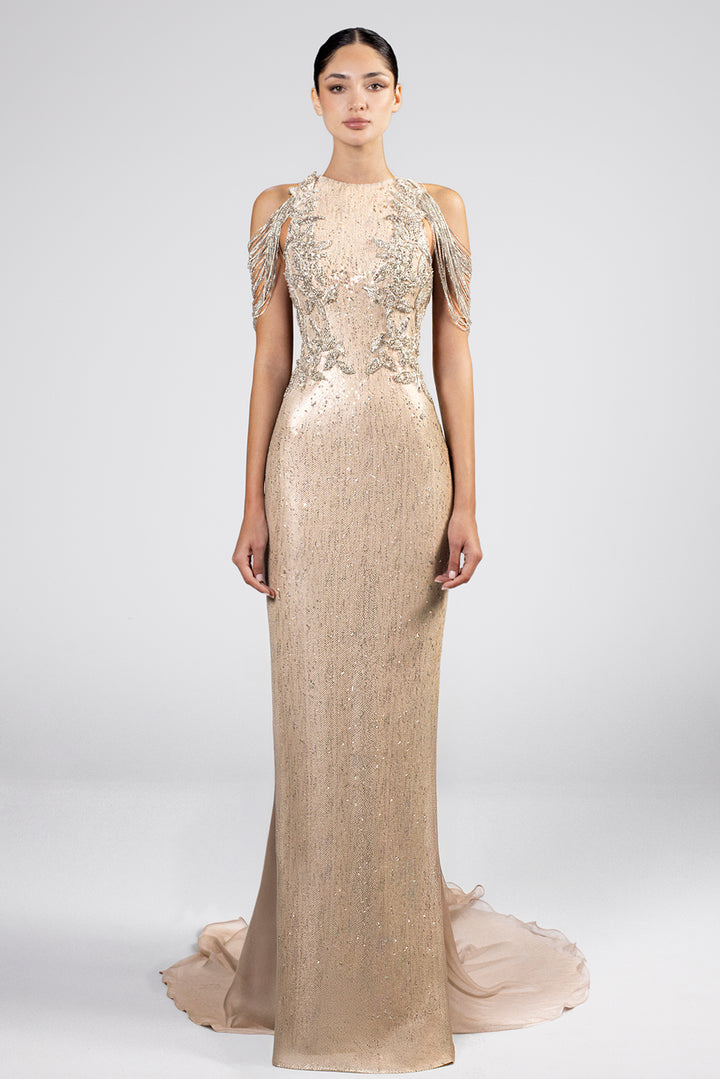 Fitted High-Neck Dress with Cold-Shoulder Design and Beaded Embellishments Greige / FR 46