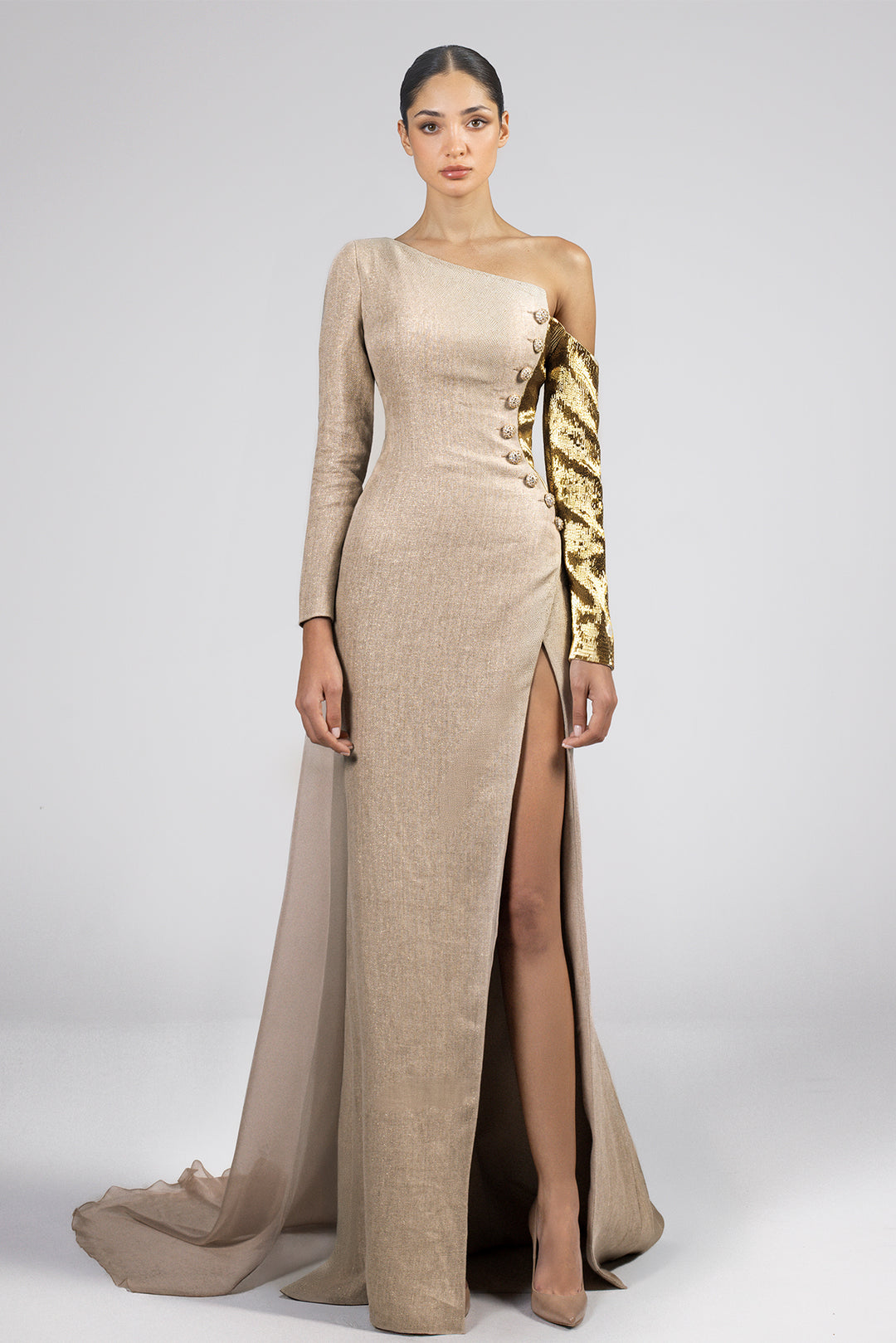 One-Shoulder Dress with High Slit and Flowing Train M.R DESIGN One-Shoulder Dress with High Slit and Flowing Train M.R DESIGN