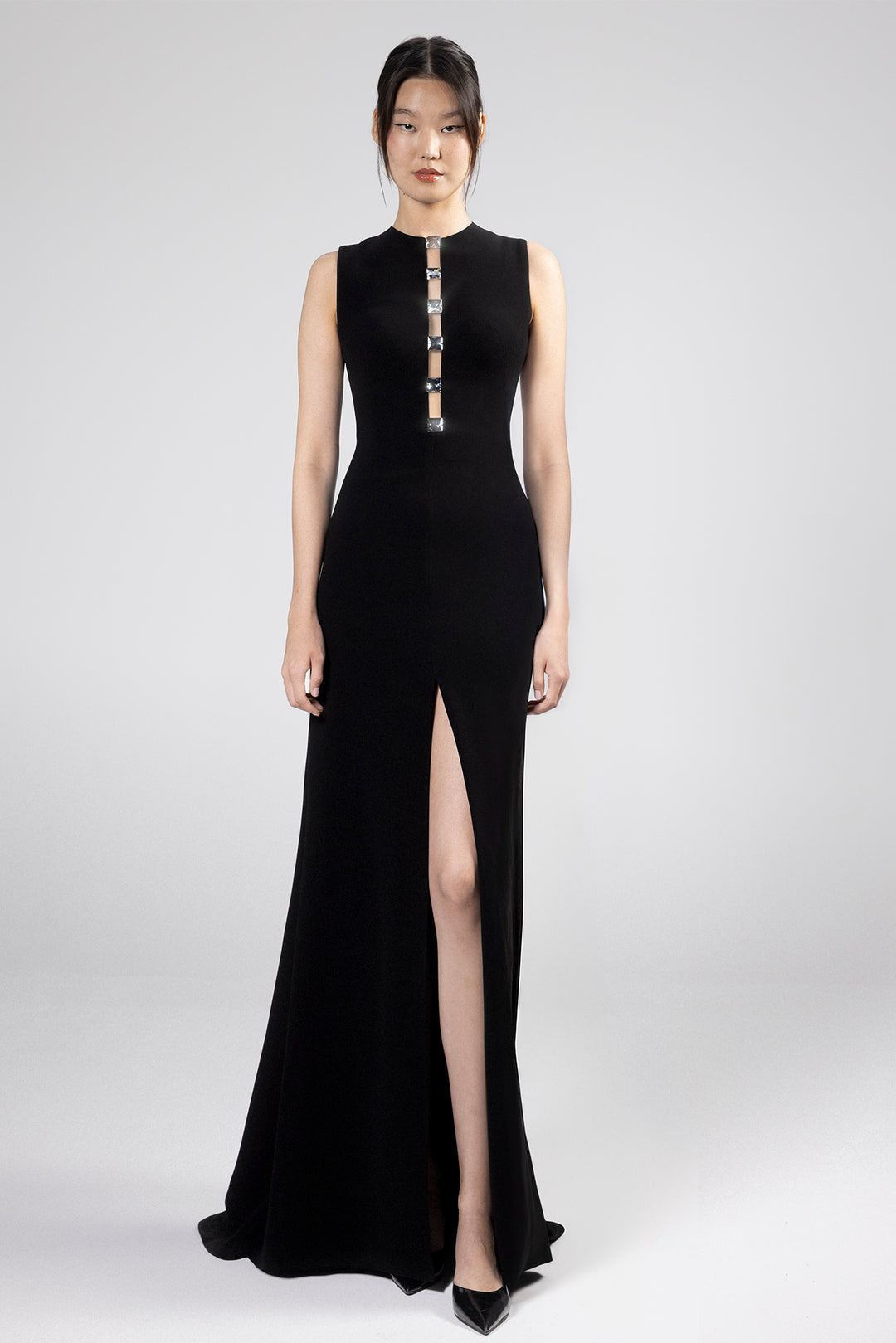 Floor-Length Sleeveless Dress with Center Slit and Open Back Cutout Black & Silver / FR 50 Floor-Length Sleeveless Dress with Center Slit and Open Back Cutout Black & Silver / FR 50