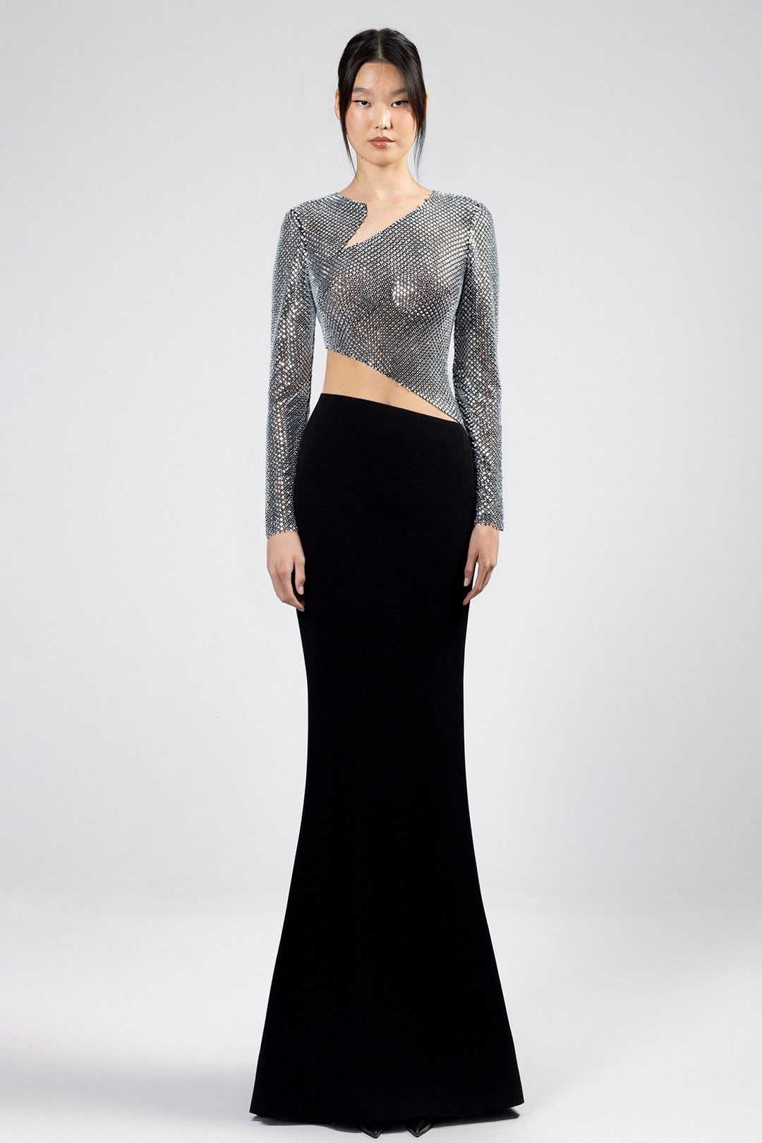 Floor-Length Dress with Angular Neckline, Cropped Hemline and High-Waisted Fitted Skirt Black & Silver / FR 48 Floor-Length Dress with Angular Neckline, Cropped Hemline and High-Waisted Fitted Skirt Black & Silver / FR 48
