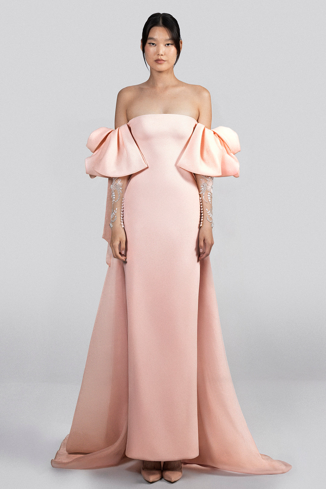 pink dress with train Luuvis Women Elegant Pink A-Line Strapless Satin Party Dress with Appliques and Detachable Train