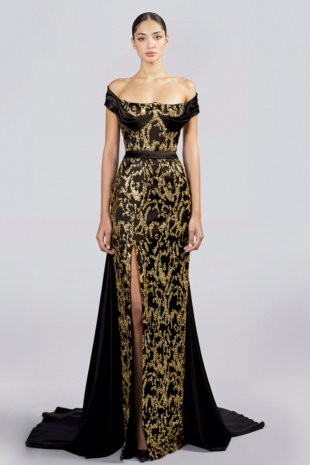 Floor-Length Off-Shoulder Dress with Gold Embroidery, Front Slit and Train Black & Gold / FR 44 Floor-Length Off-Shoulder Dress with Gold Embroidery, Front Slit and Train Black & Gold / FR 44