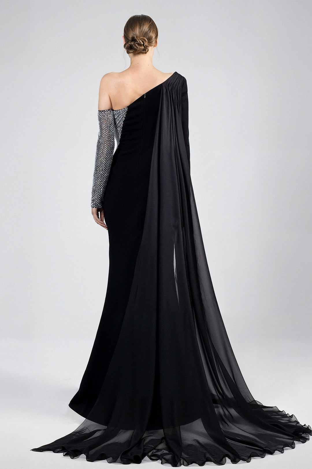 Floor-Length Dress with Asymmetrical Neckline, Front Slit and Draped Train Black & Silver / FR 50 Floor-Length Dress with Asymmetrical Neckline, Front Slit and Draped Train Black & Silver / FR 50
