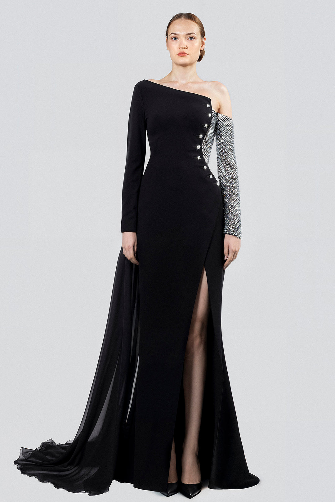 Floor-Length Dress with Asymmetrical Neckline, Front Slit and Draped Train Black & Silver / FR 50 Floor-Length Dress with Asymmetrical Neckline, Front Slit and Draped Train Black & Silver / FR 50