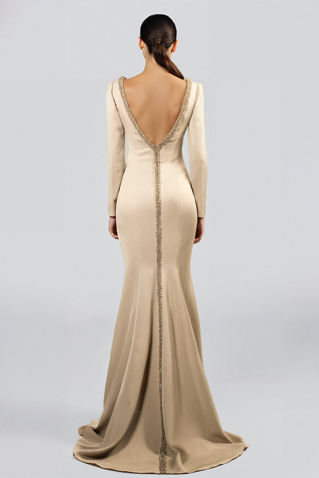 Floor-Length Dress with Long Sleeves and Gold Beading Champagne / FR 32 Floor-Length Dress with Long Sleeves and Gold Beading Champagne / FR 32