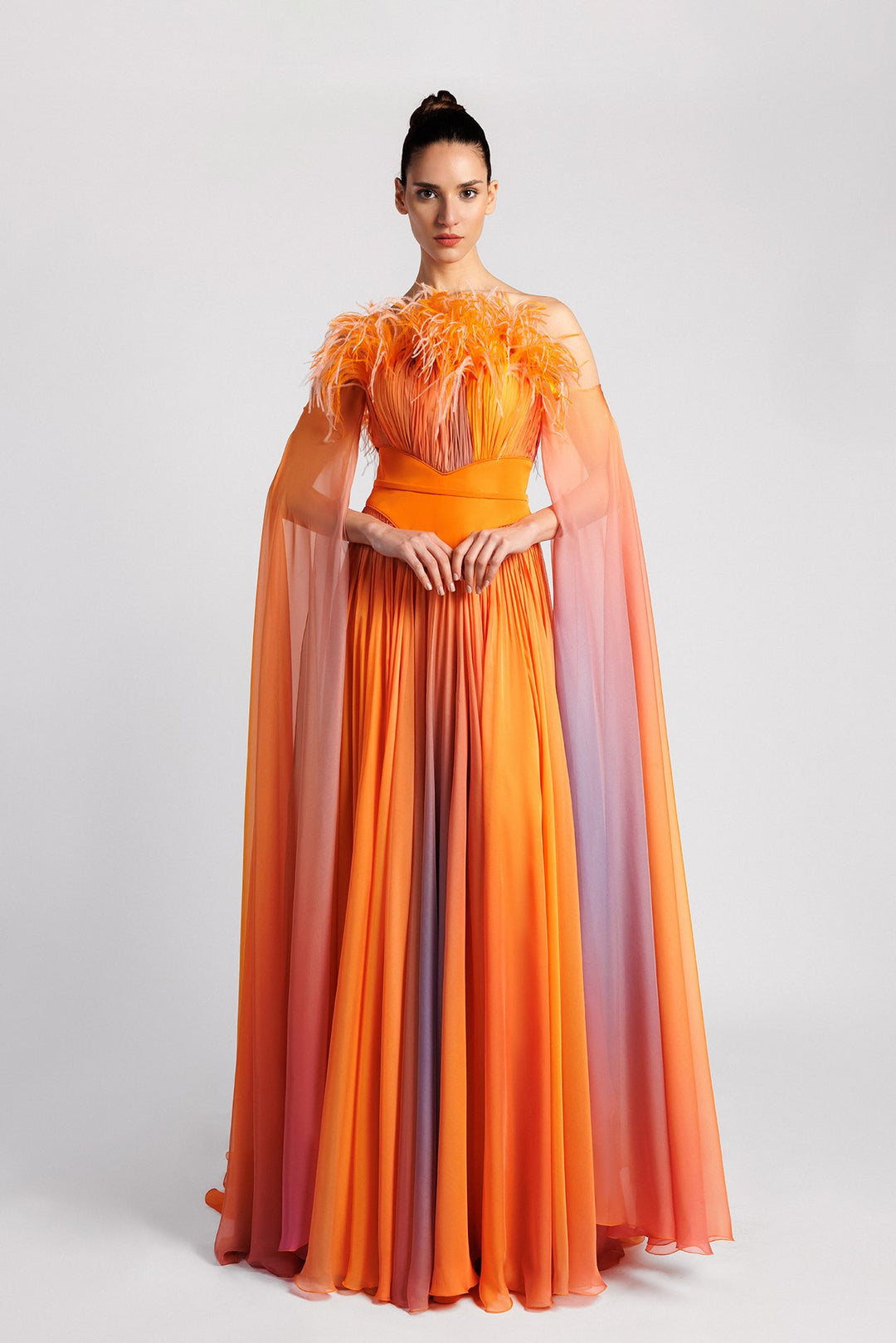 Cape Sleeves Chiffon Dress with Feathers FR 42 / Orange Cape Sleeves Chiffon Dress with Feathers FR 42 / Orange