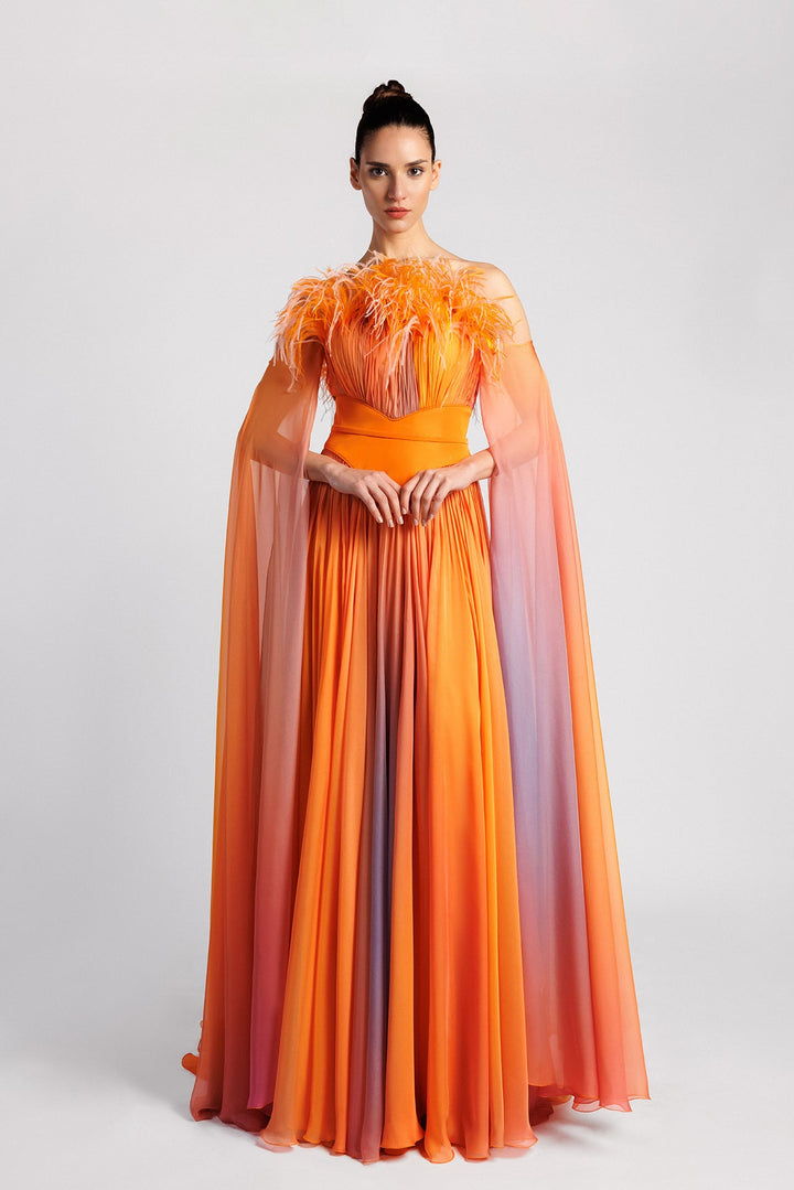 Chiffon A-Line Dress, Pleated Bodice, Feathers, Cape Sleeves, Waist Belt, Purple Hints