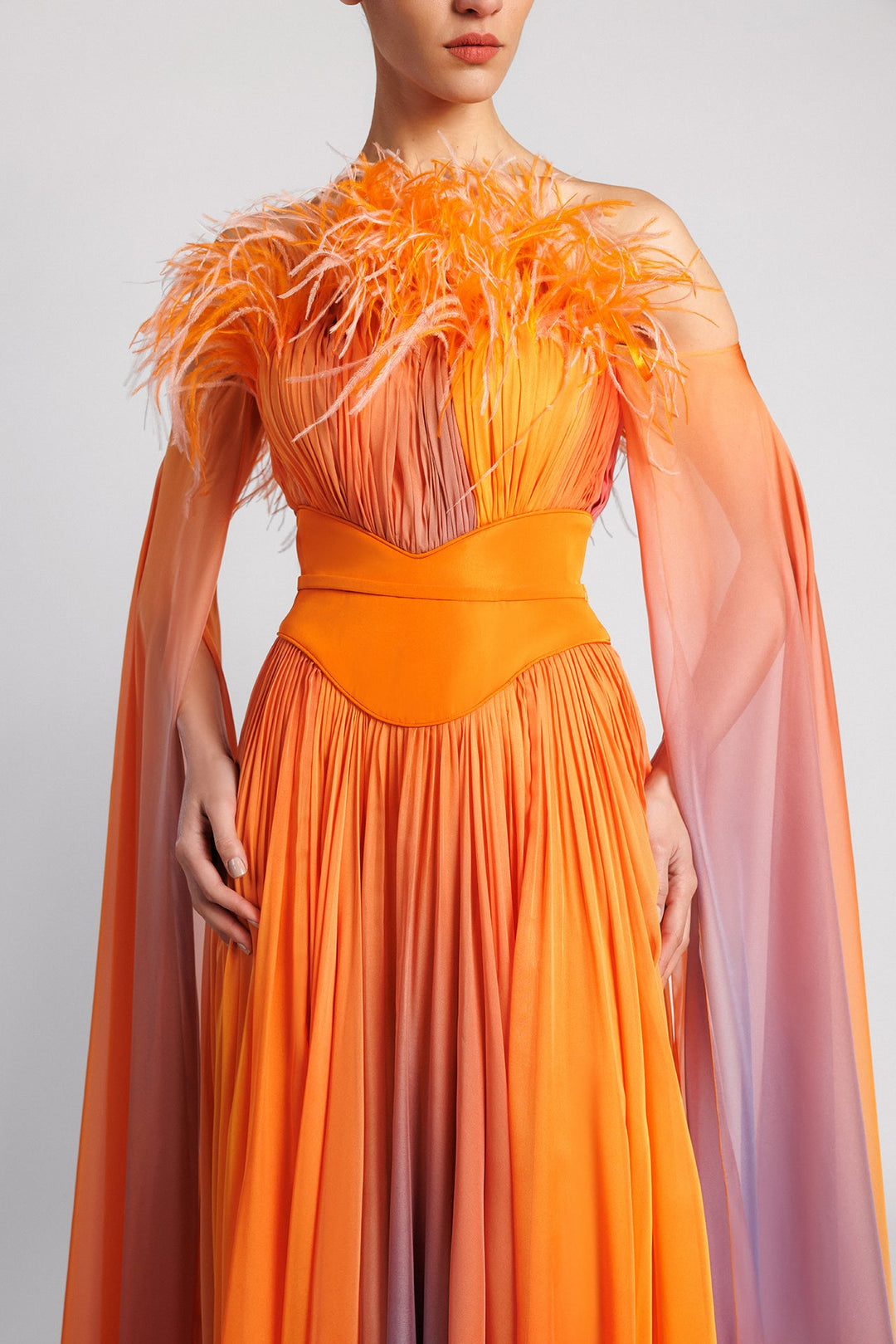 Chiffon A-Line Dress, Pleated Bodice, Feathers, Cape Sleeves, Waist Belt, Purple Hints