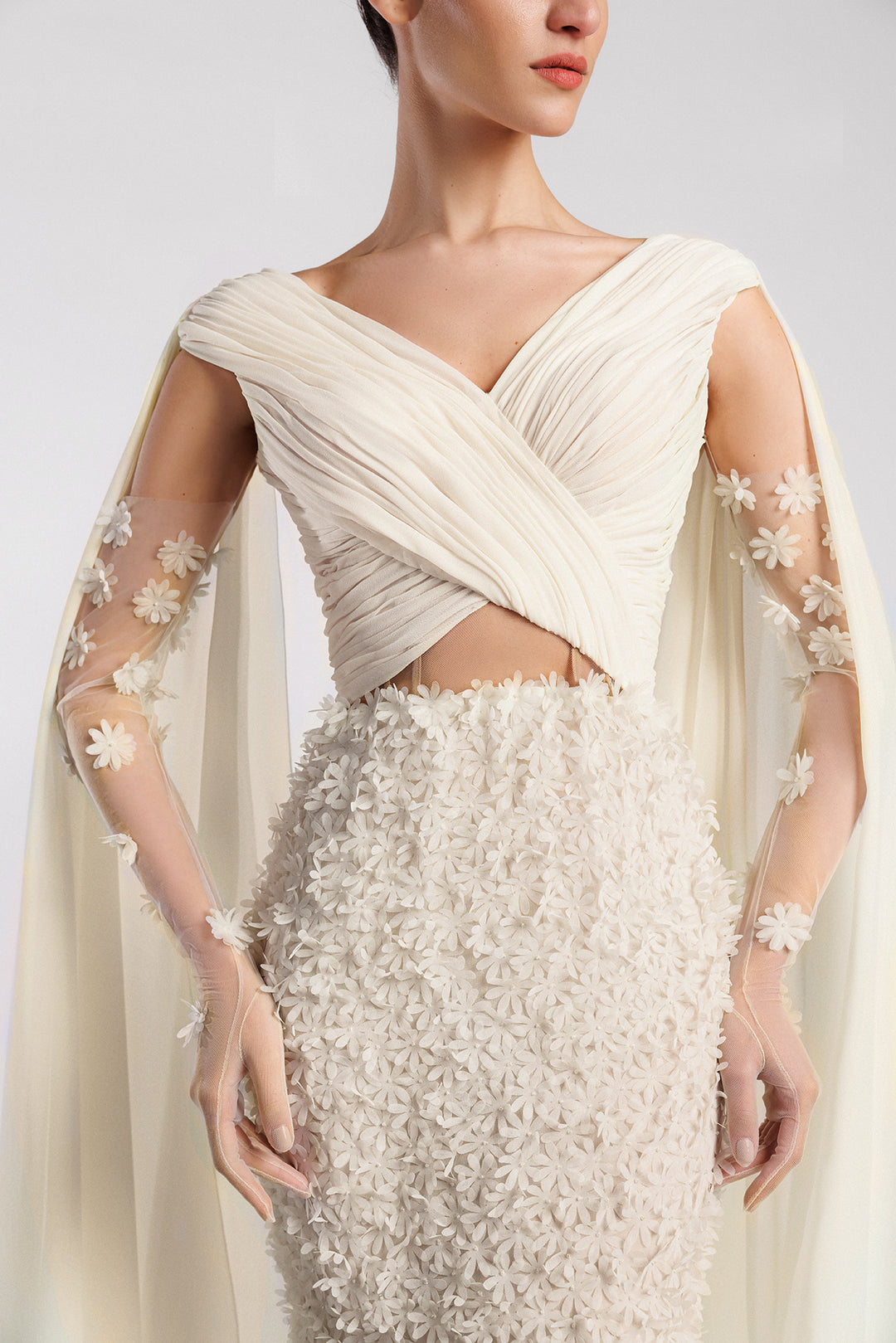 Crepe Georgette Dress, V Neckline, Pleated Bodice, Tulle Gloves, Foral M.R DESIGN Crepe Georgette Dress, V Neckline, Pleated Bodice, Tulle Gloves, Foral M.R DESIGN